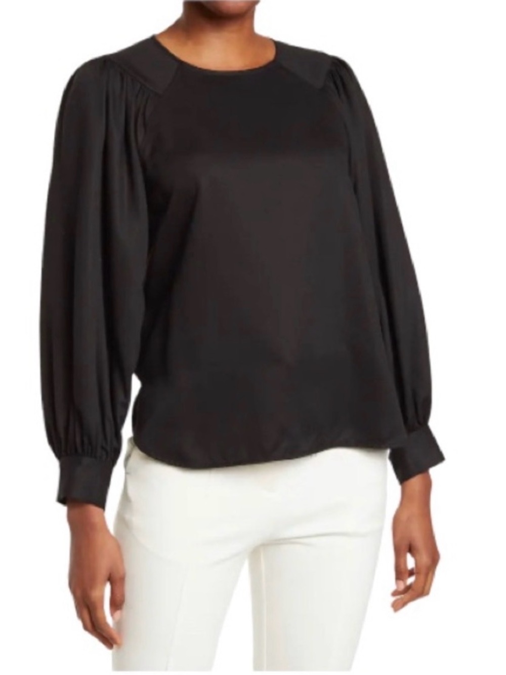 Club Monaco Black Poet Blouse Ruched Shoulders Button Cuffs Size M